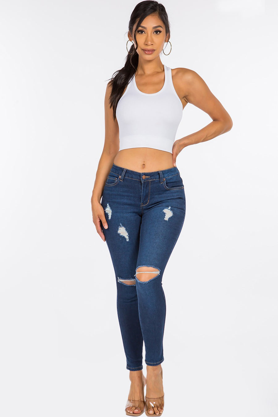 Distressed Mid Rise Skinny Jeans