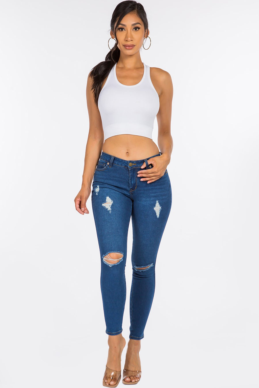 Distressed Mid Rise Skinny Jeans