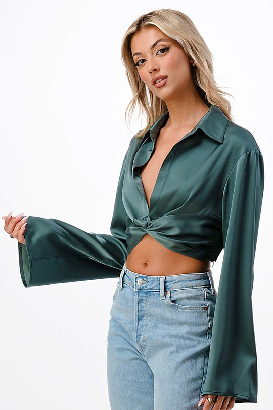 SATIN TWISTED FRONT CROPPED SHIRT