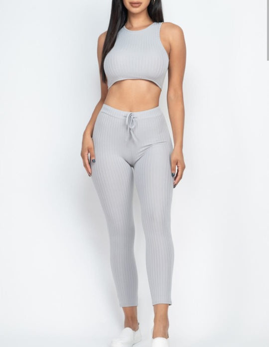Summer Trends Soft Rib Solid Coloured Crop Top And Leggings Set
