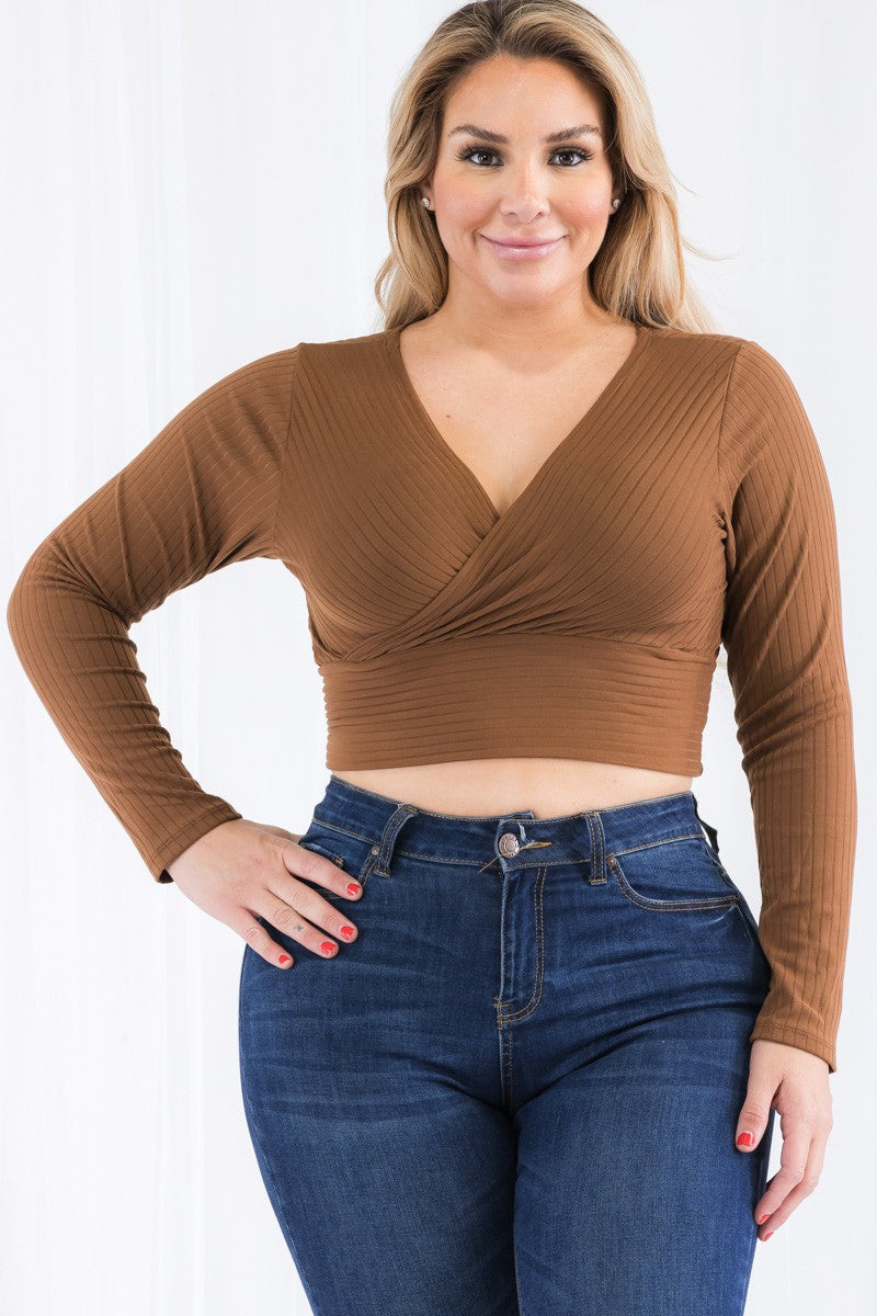 Plus Size Ribbed Wrap Front Long Sleeve Tops