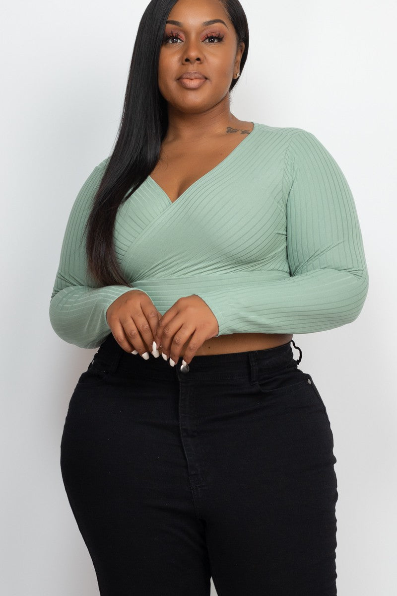 Plus Size Ribbed Wrap Front Long Sleeve Tops