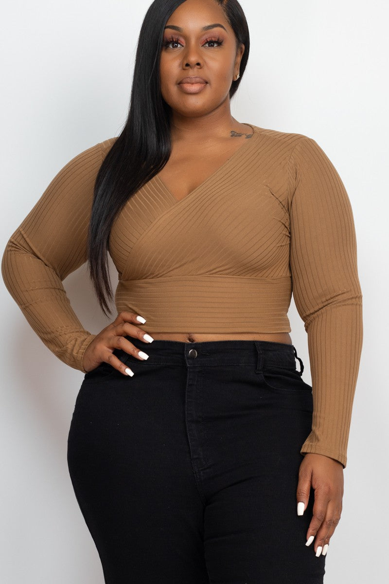 Plus Size Ribbed Wrap Front Long Sleeve Tops