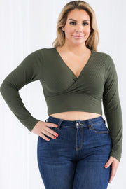 Plus Size Ribbed Wrap Front Long Sleeve Tops