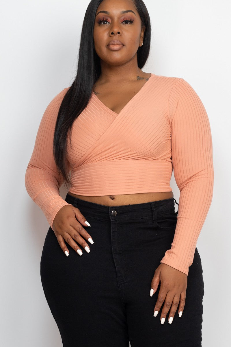 Plus Size Ribbed Wrap Front Long Sleeve Tops