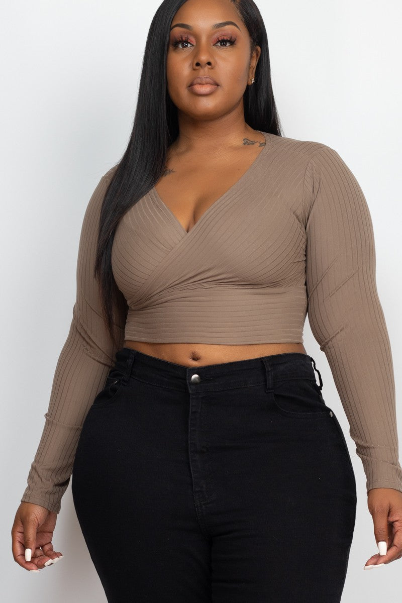 Plus Size Ribbed Wrap Front Long Sleeve Tops