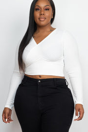 Plus Size Ribbed Wrap Front Long Sleeve Tops