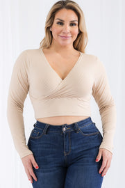 Plus Size Ribbed Wrap Front Long Sleeve Tops