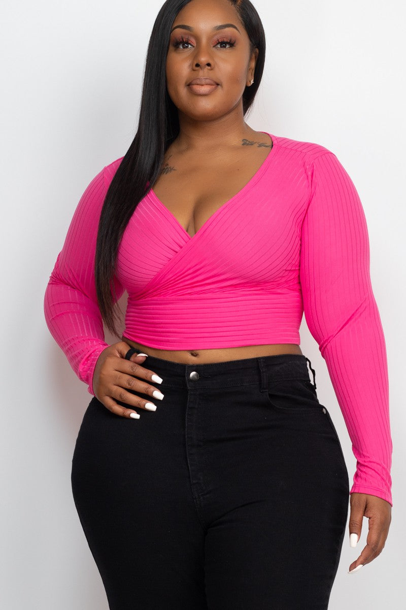 Plus Size Ribbed Wrap Front Long Sleeve Tops