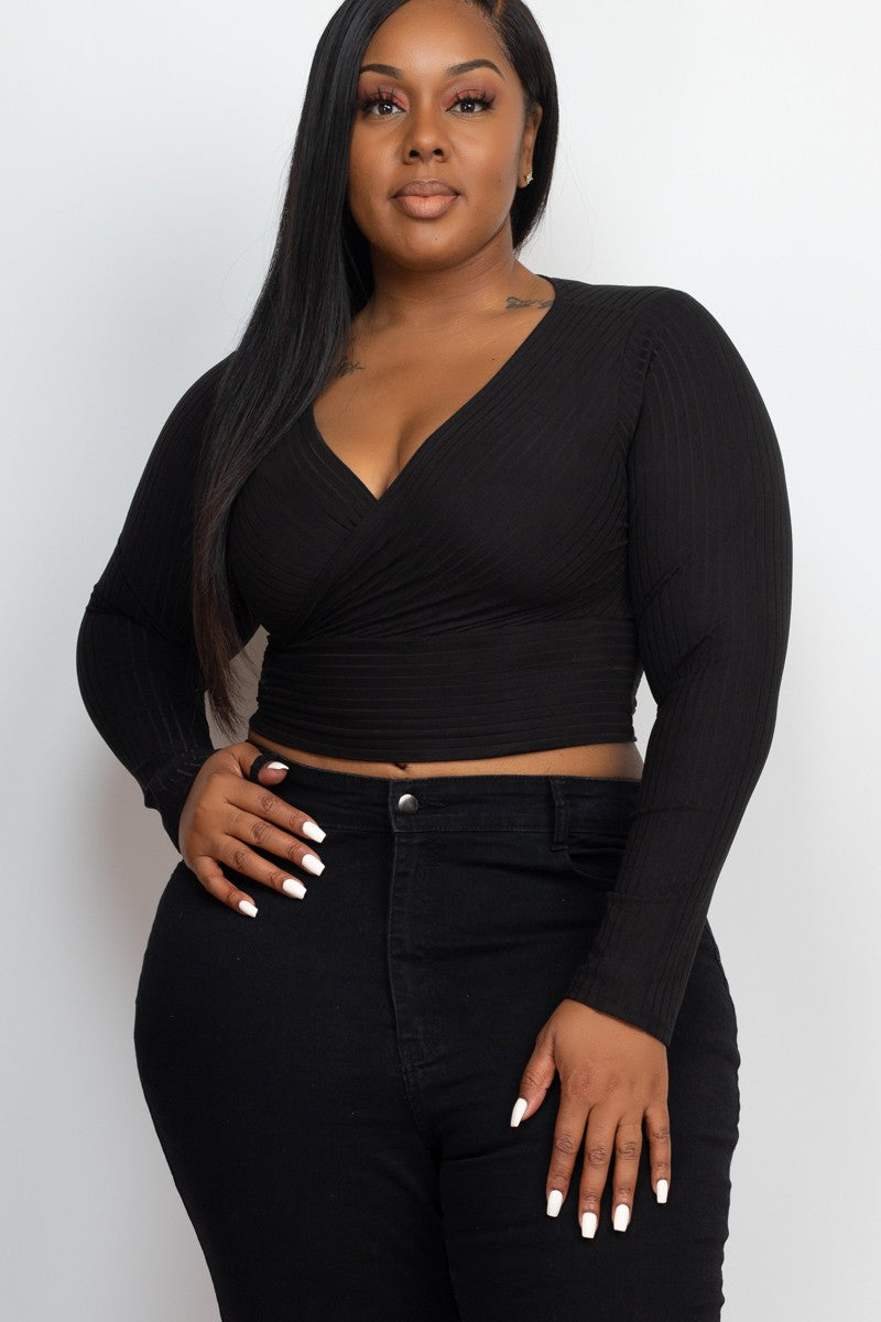 Plus Size Ribbed Wrap Front Long Sleeve Tops