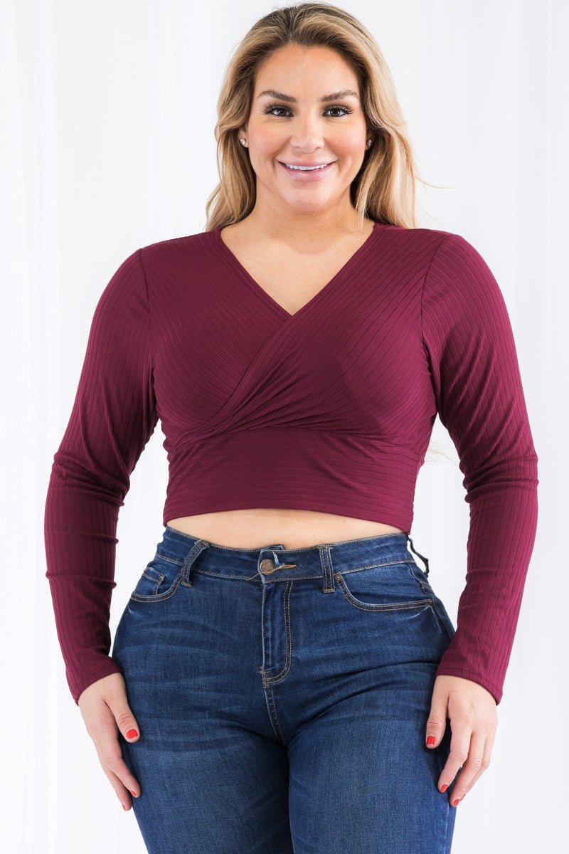 Plus Size Ribbed Wrap Front Long Sleeve Tops