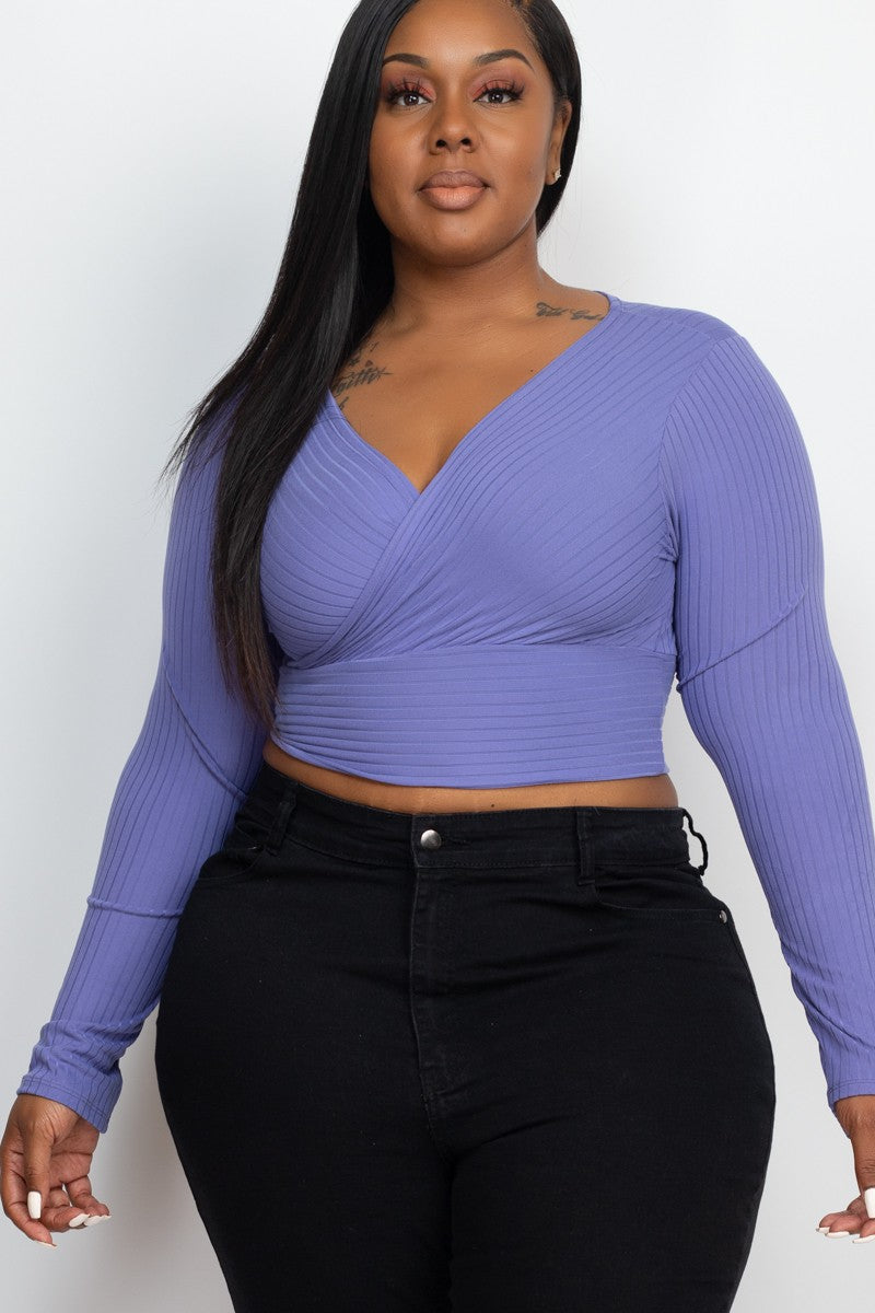 Plus Size Ribbed Wrap Front Long Sleeve Tops