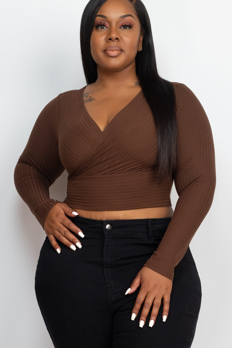 Plus Size Ribbed Wrap Front Long Sleeve Tops