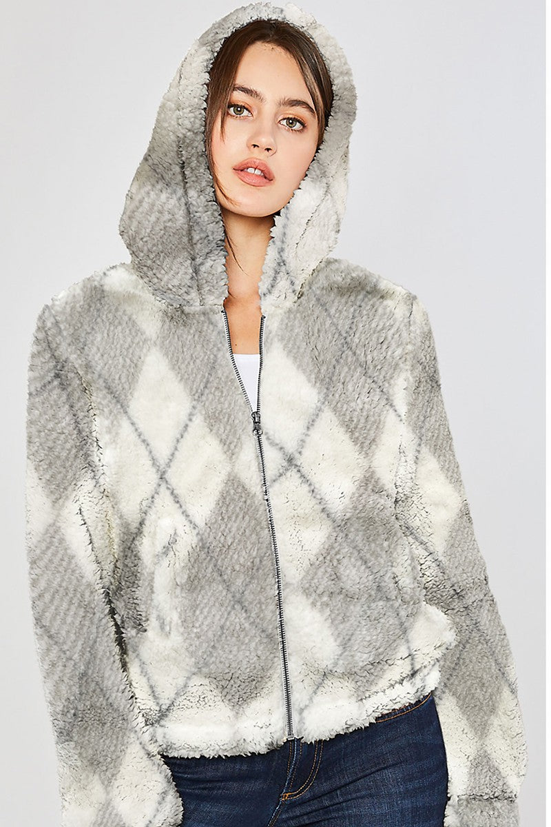 DIAMOND PLAID SHERPA ZIP-UP HOODIE