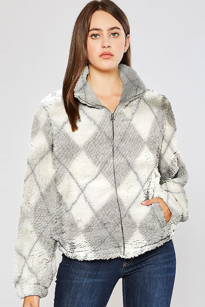 DIAMOND PLAID SHERPA ZIP-UP HOODIE