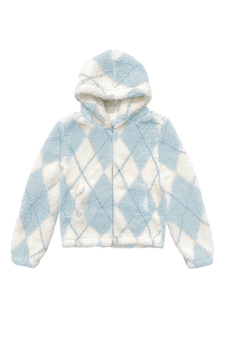 DIAMOND PLAID SHERPA ZIP-UP HOODIE