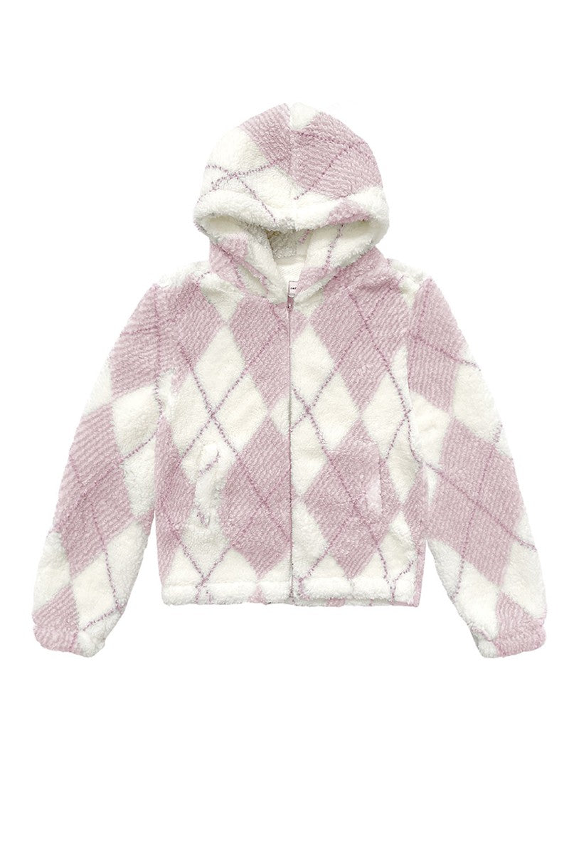 DIAMOND PLAID SHERPA ZIP-UP HOODIE