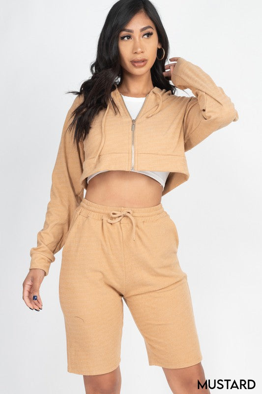 Two Tone Rib Zip-up Cropped Hoodies