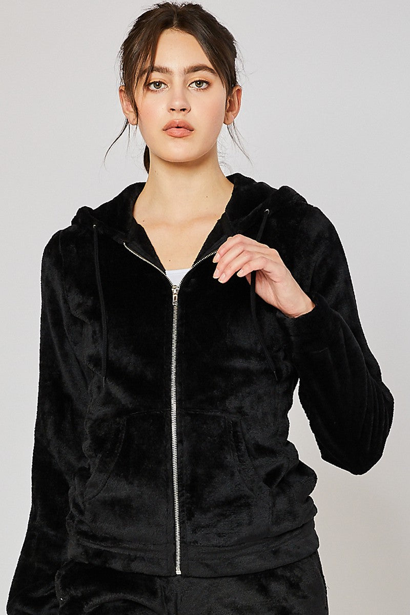 PLUSH FABRIC ZIP-UP HOODIE JACKETS