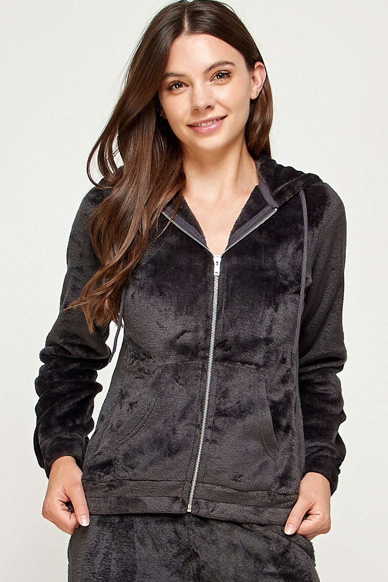 PLUSH FABRIC ZIP-UP HOODIE JACKETS