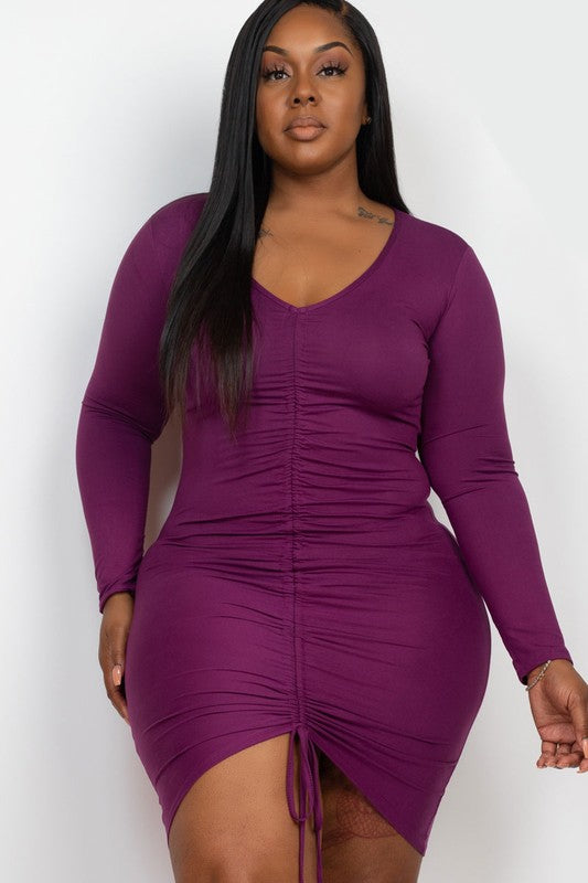 Curve Queen Plus Size Drawstring Ruched Front Bodycon Dress Baddie Galore Fashion