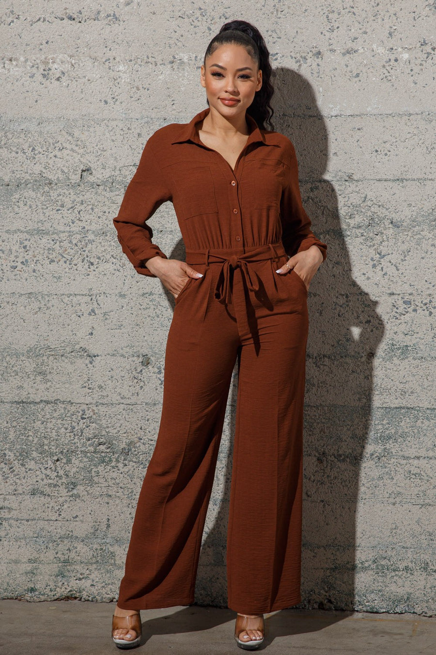 CHOCOLATE MOMENTS WOVEN FRONT BUTTON LONG PANTS JUMPSUITS