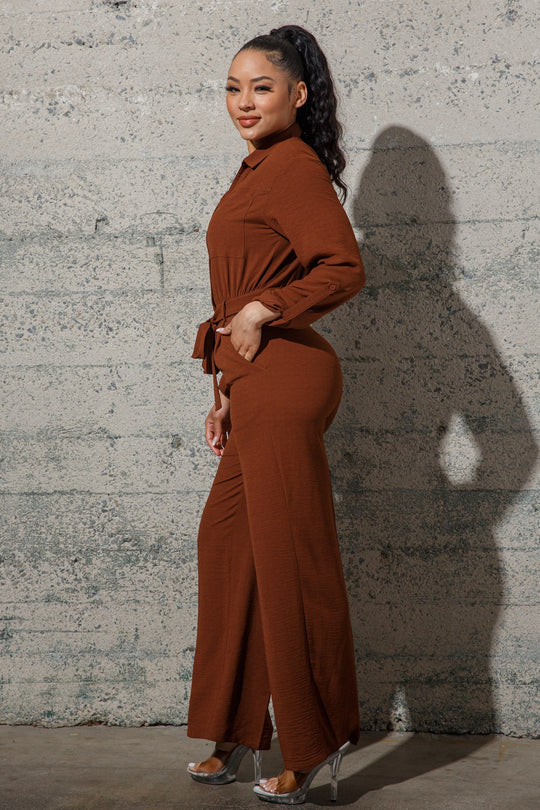 CHOCOLATE MOMENTS WOVEN FRONT BUTTON LONG PANTS JUMPSUITS