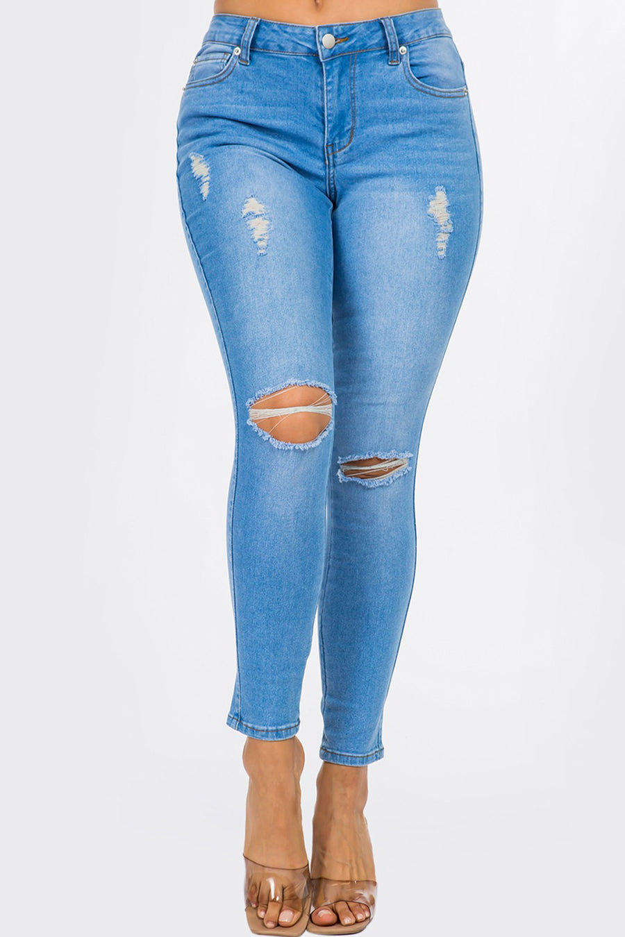 Distressed Mid Rise Skinny Jeans