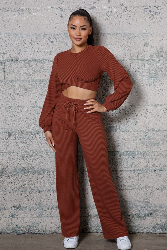 Miss Kay L/S Knot Crop Top and Pants Set