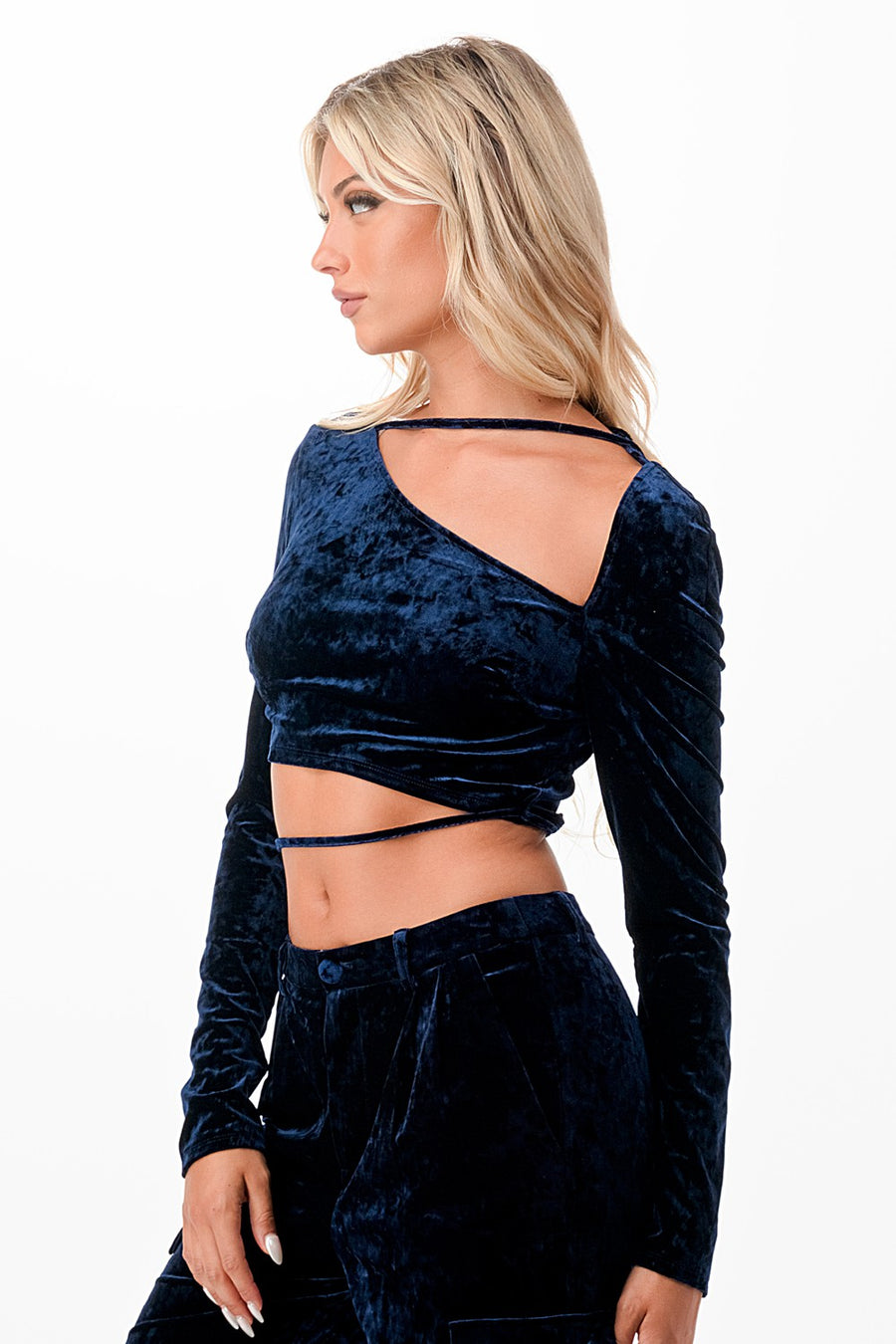 ASYMMETRIC CUT OUT VELVET CROP TOPS