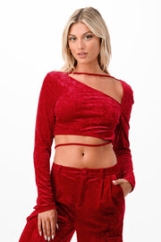 ASYMMETRIC CUT OUT VELVET CROP TOPS