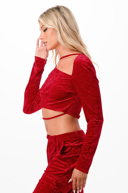 ASYMMETRIC CUT OUT VELVET CROP TOPS