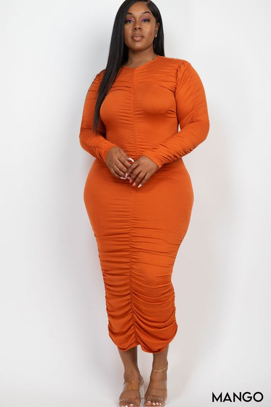 Curvy Love Ruched Long Sleeve Midi Dress