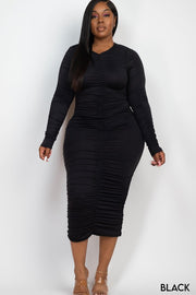 Curvy Love Ruched Long Sleeve Midi Dress