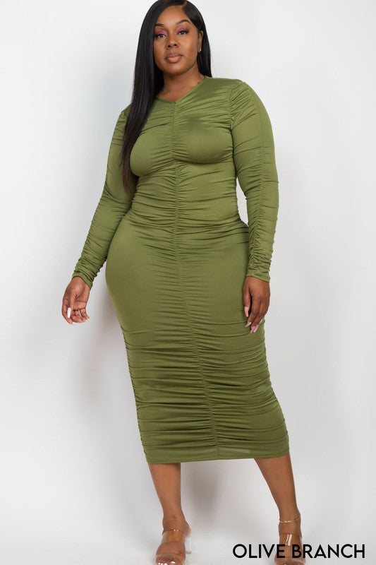 Curvy Love Ruched Long Sleeve Midi Dress