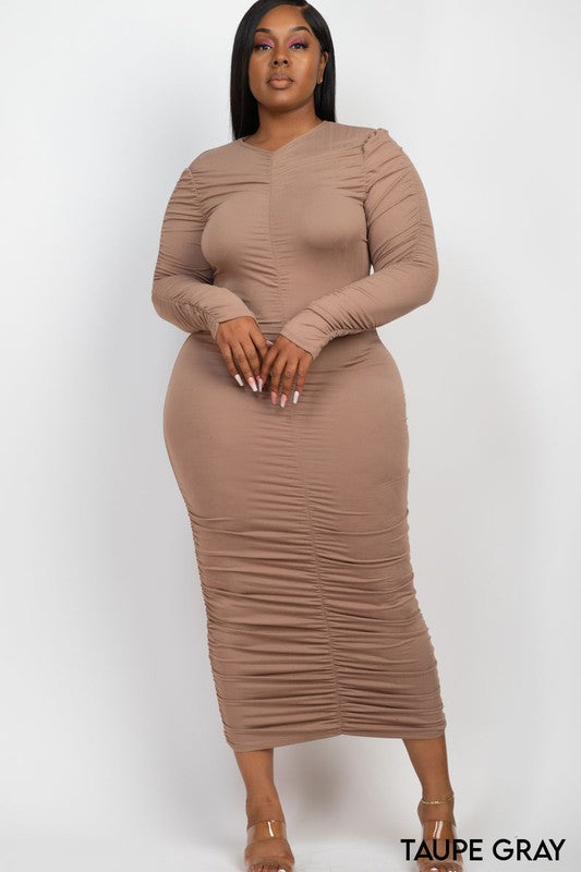 Curvy Love Ruched Long Sleeve Midi Dress