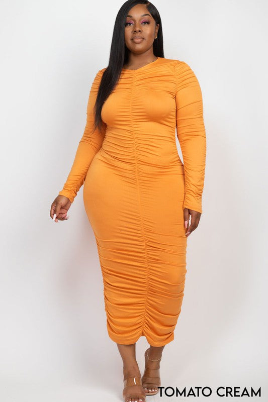 Curvy Love Ruched Long Sleeve Midi Dress