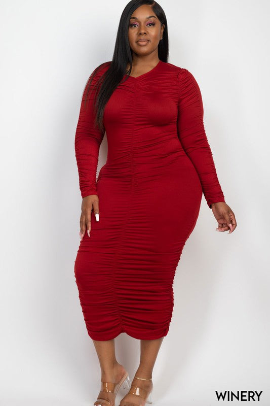 Curvy Love Ruched Long Sleeve Midi Dress