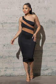 ONE SHOULDER MIDI BODYCON DRESS WITH MESH DETAIL