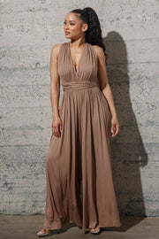 Mocha Kisses V Neck Tie Wrap Jumpsuits