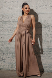 Mocha Kisses V Neck Tie Wrap Jumpsuits