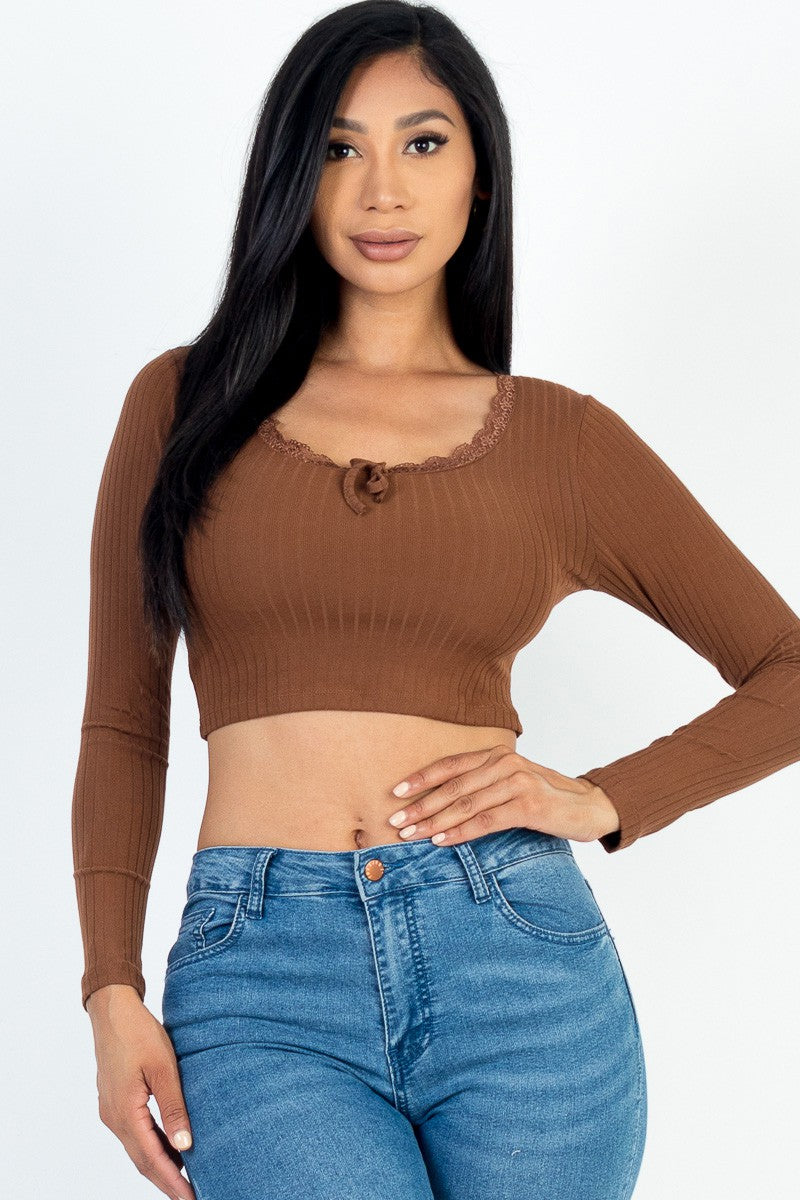 Princess Lace Trim Long Sleeve Ribbed Crop Top