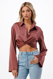 SATIN TWISTED FRONT CROPPED SHIRT