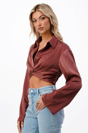 SATIN TWISTED FRONT CROPPED SHIRT