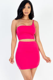 One Shoulder Ruched Crop Top & Mini Skirt Sets