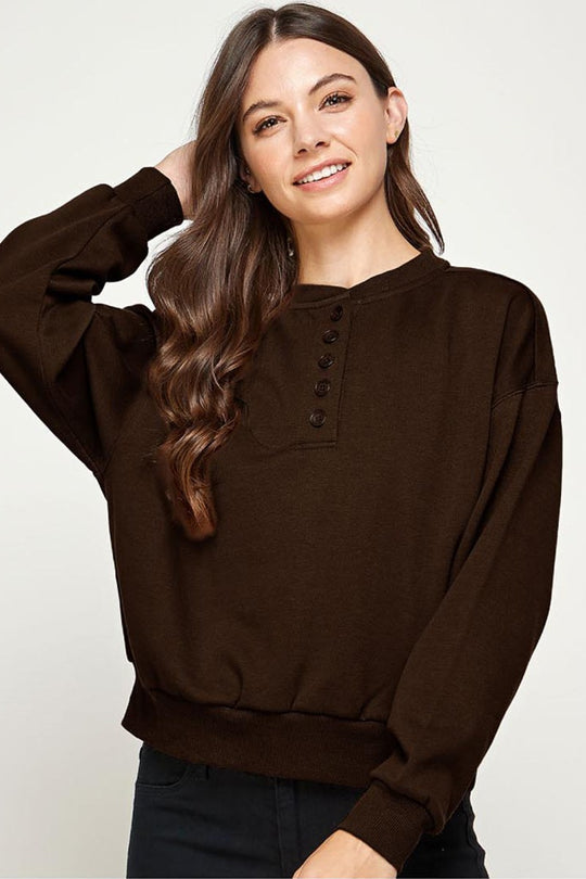 BASIC FLEECE HENLEY SNAP BUTTON SWEATSHIRT