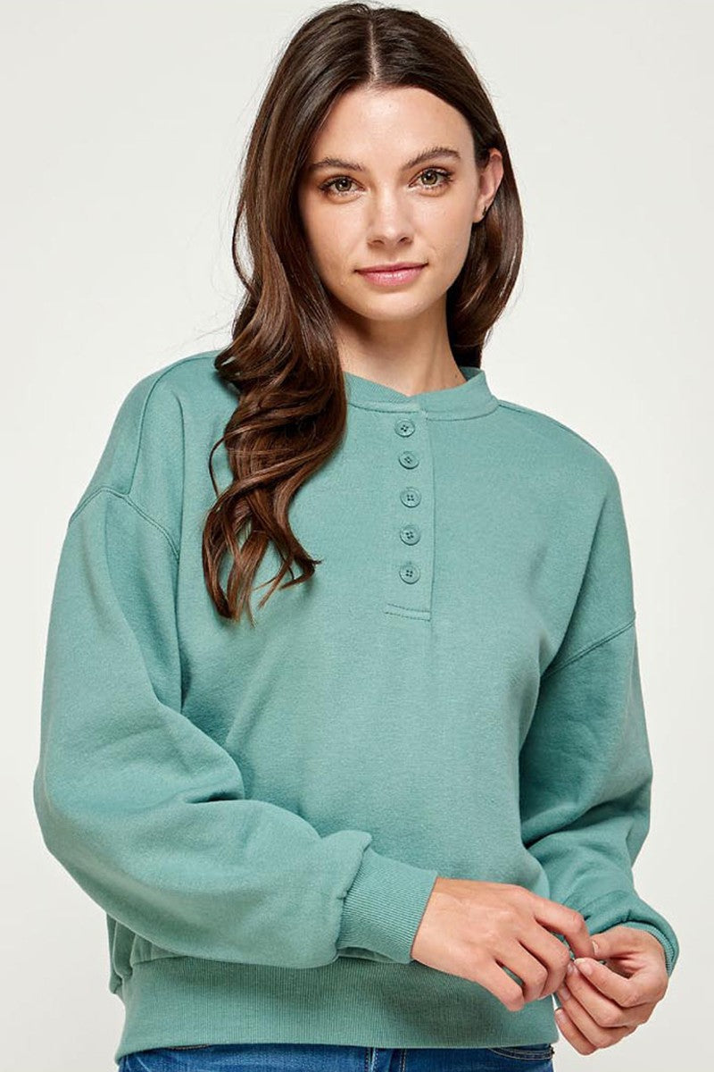 BASIC FLEECE HENLEY SNAP BUTTON SWEATSHIRT