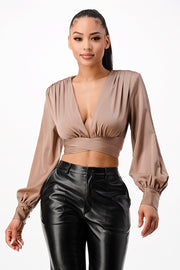 TW WAY WAIST TIE SATIN CROPPED TOPS