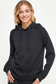 FLEECE PULLOVER HOODIE CURVED HEM WITH SLIT DETAIL