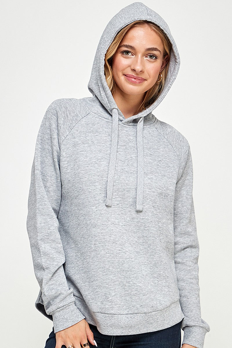 FLEECE PULLOVER HOODIE CURVED HEM WITH SLIT DETAIL